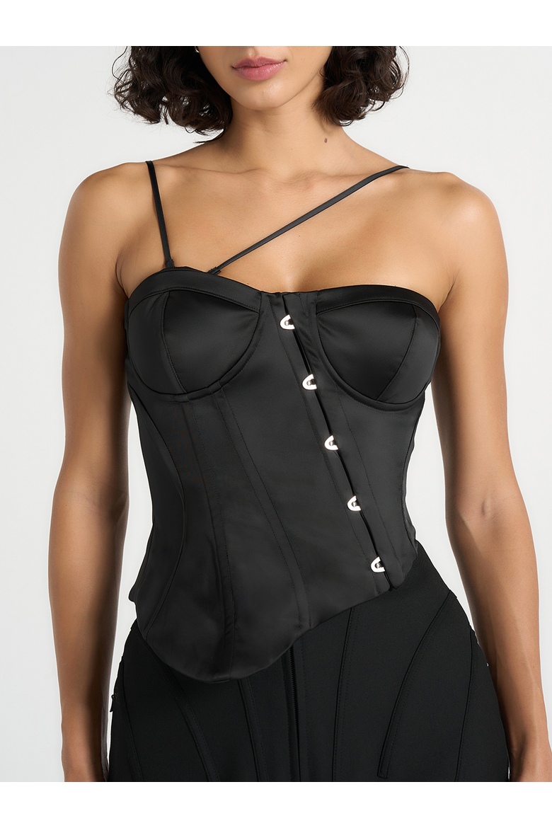 Aurelia Asymmetric Satin Corset Top, Alternate, color, Black