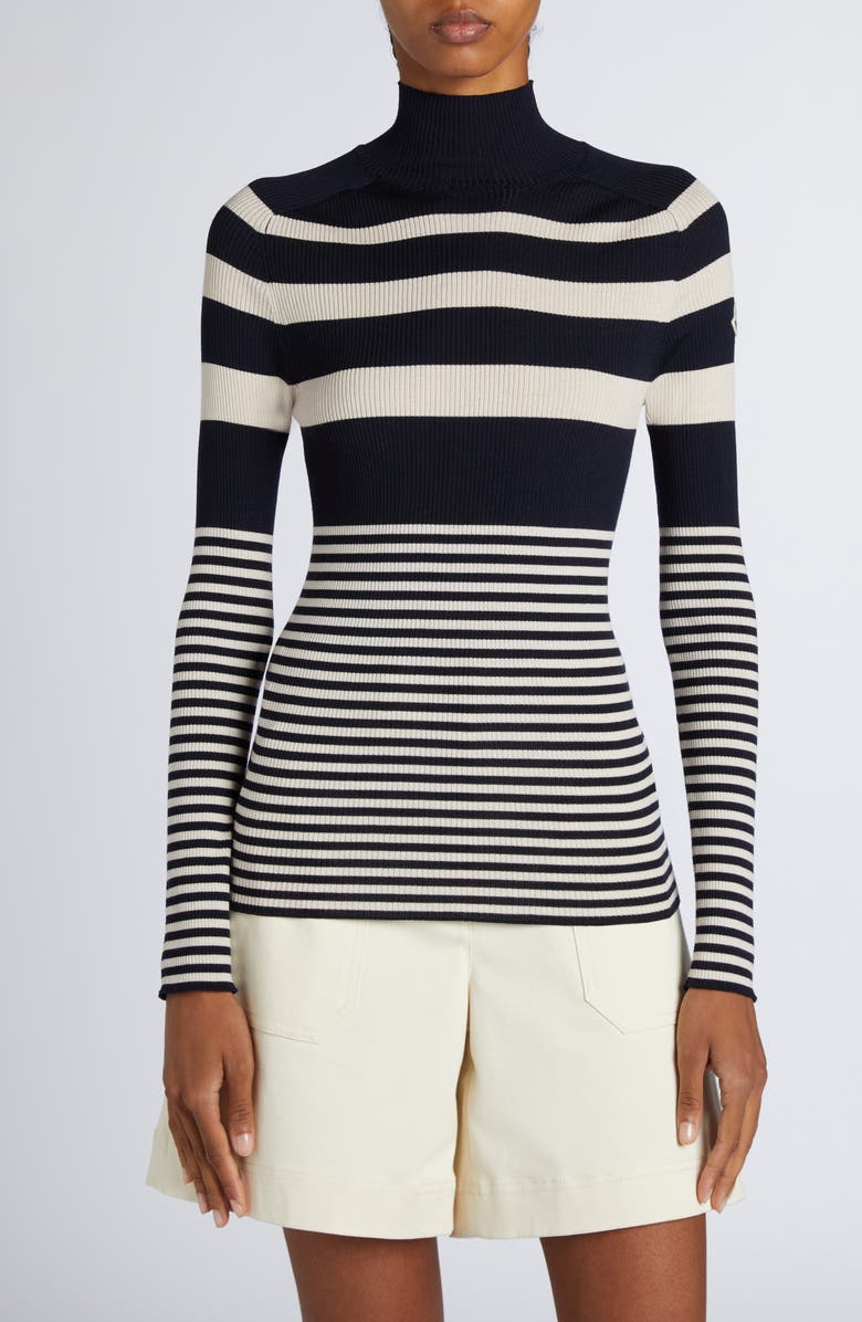 Moncler Stripe Virgin Wool Rib Mock Neck Sweater, Main, color, 