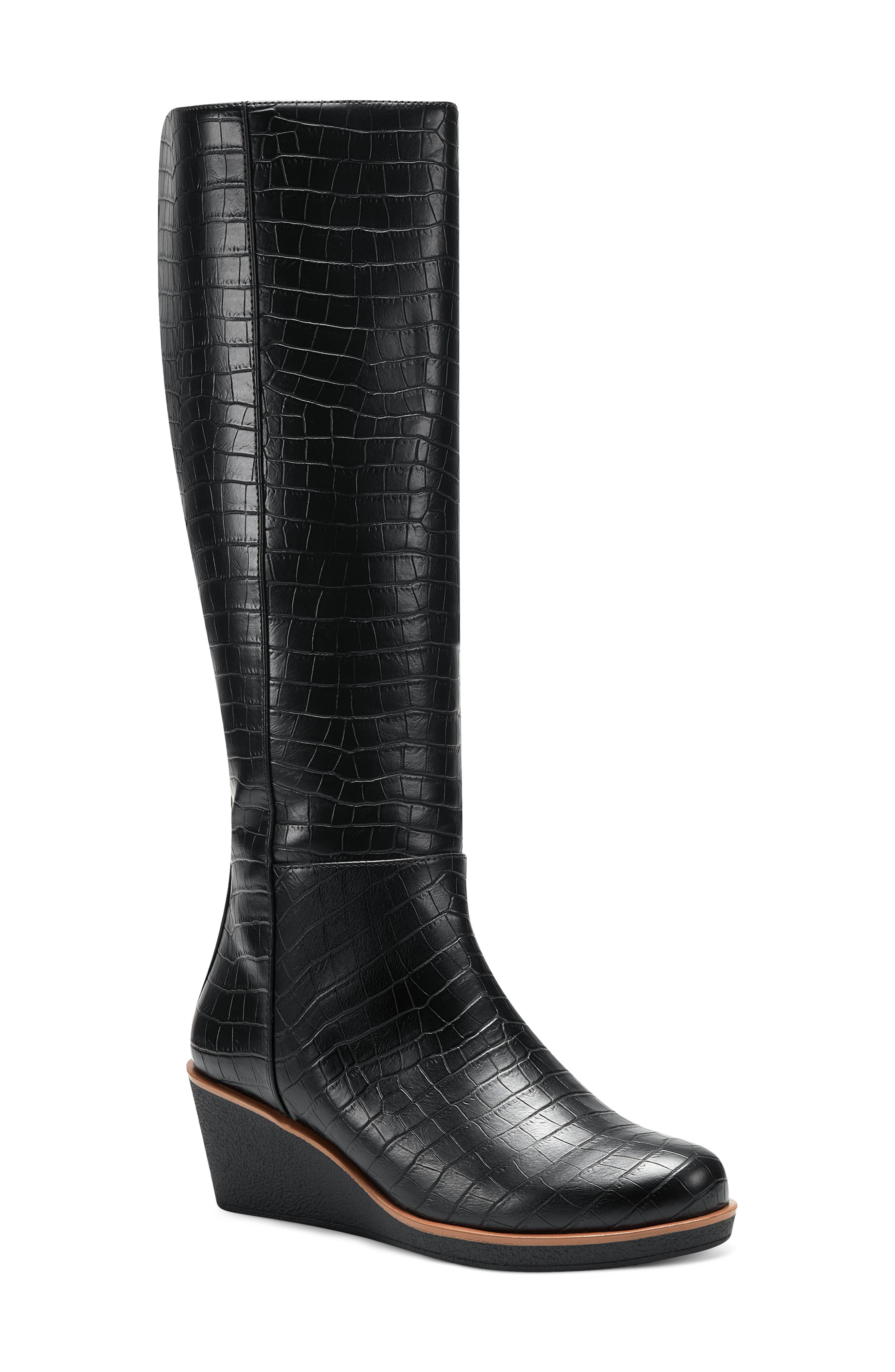 Brenna Knee High Wedge Boot, Main, color, BLACK