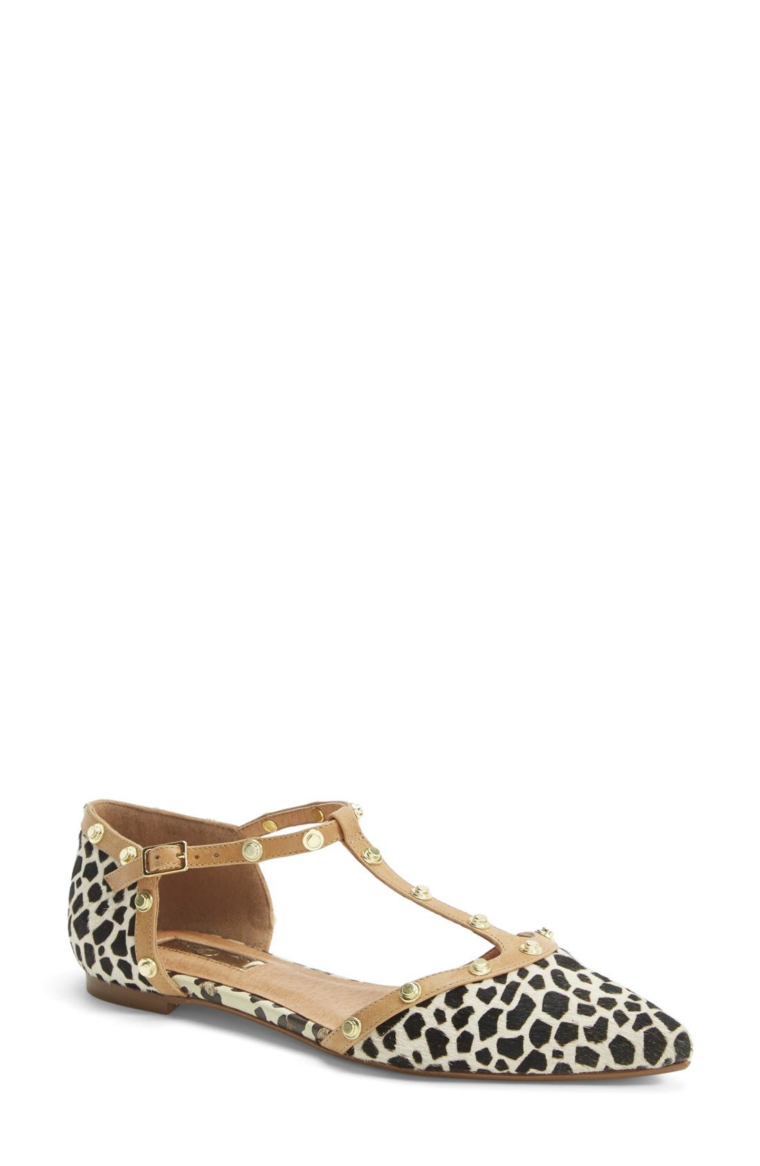 'Olson' Pointy Toe Studded T-Strap Flat, Main, color, BEIGE/ BLACK DOT HAIRCALF