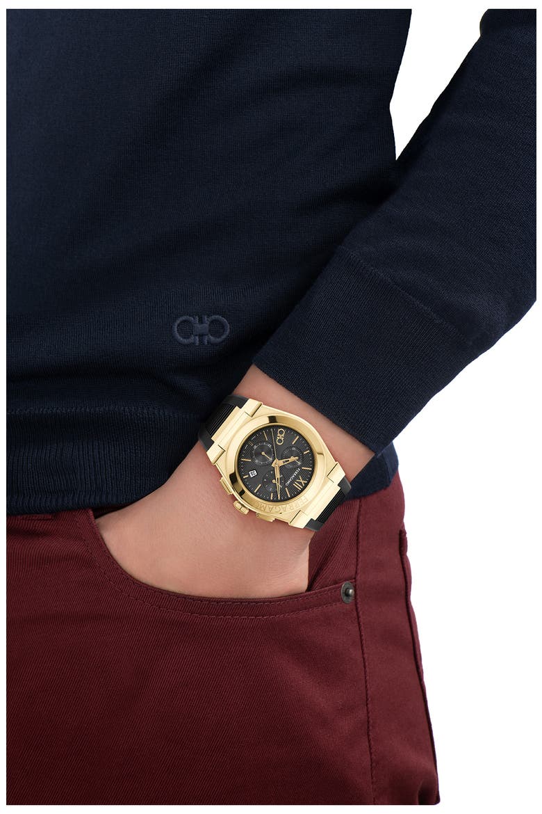 Vega Chronograph Silicone Strap Watch, 42mm, Alternate, color, IP YELLOW GOLD