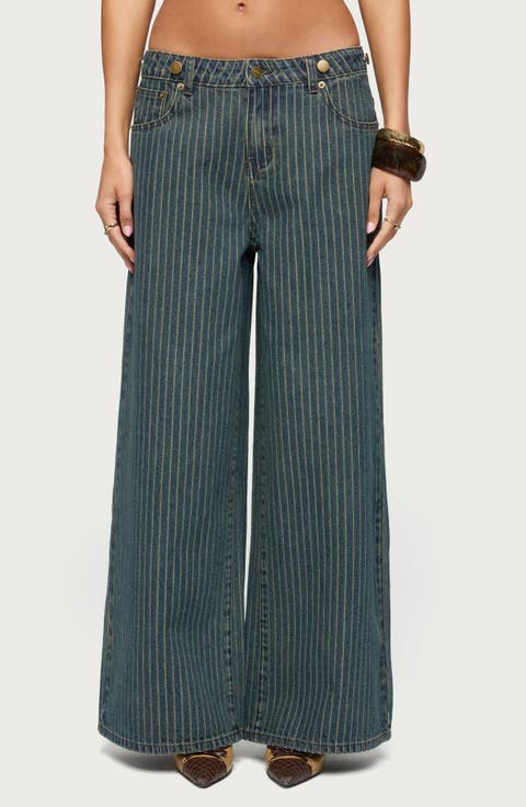 Pinstripe Wide Leg Low Rise Jeans (Blue Vintage Washed)