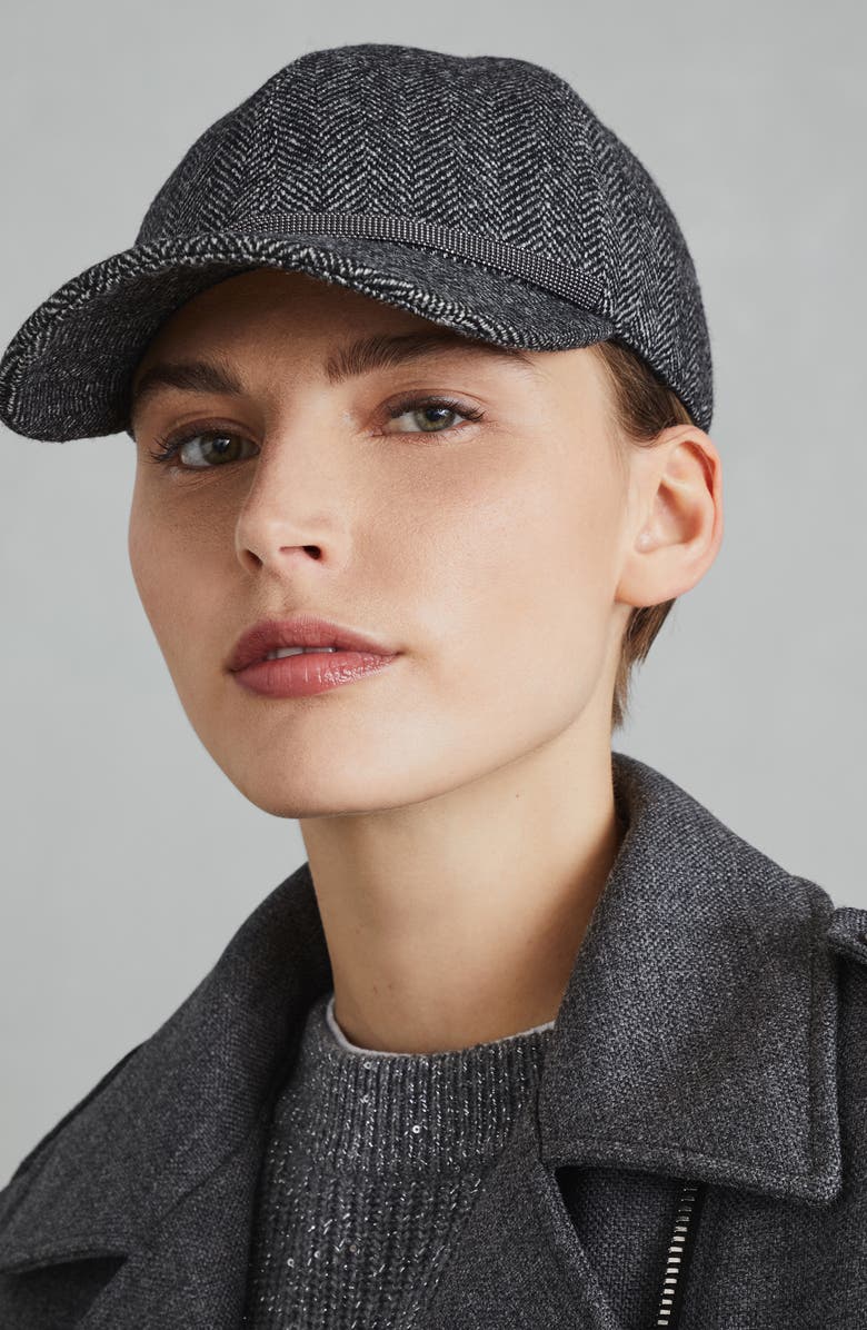 Brunello Cucinelli Brushed techno wool chevron baseball cap with shiny band, Alternate, color, 
