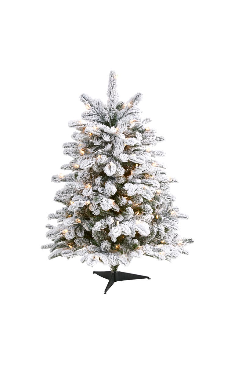 NEARLY NATURAL 3-ft Flocked North Carolina Fir Artificial Christmas Tree with 150 Warm White Lights and 545 Bendable Branches, Main, color, Green