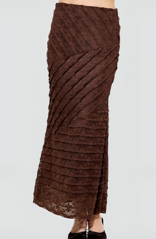 Modenaire Lace Maxi Skirt With Diagonal Panel Detailing And Flared Hem In Brown