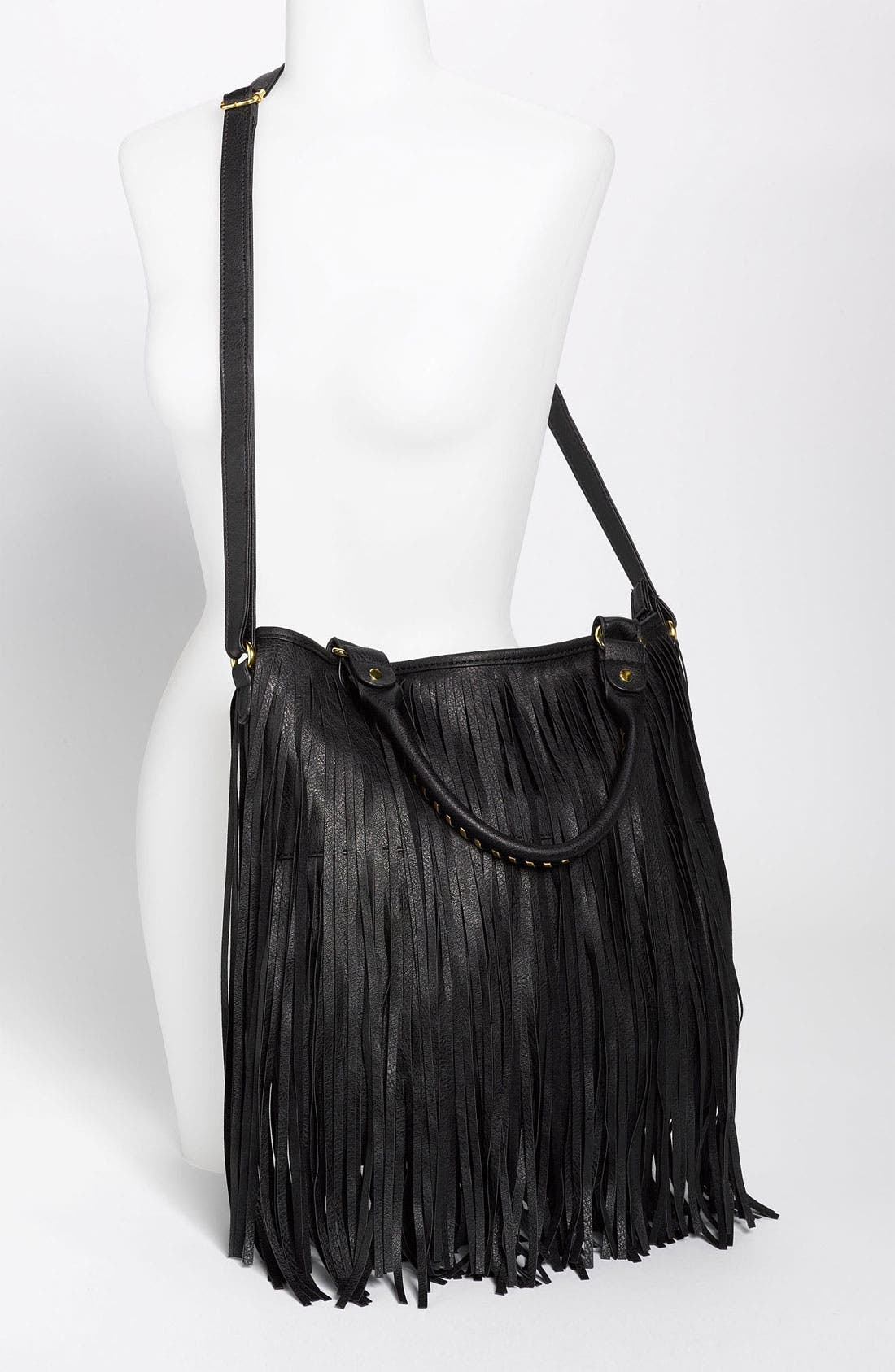 Faux Leather Fringe Hobo Bag, Alternate, color, BLACK/ GOLD