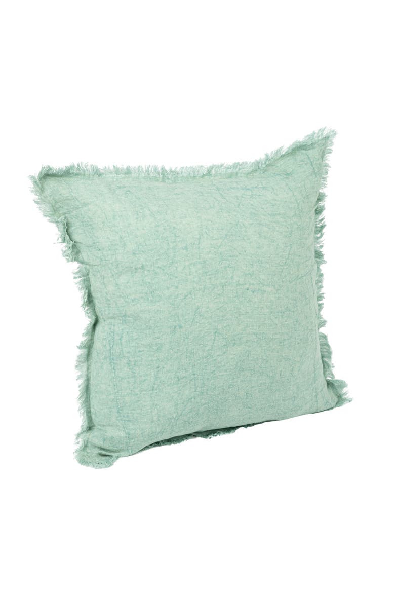 Square Stonewashed Linen Pillow with Fringe, Mint, Main, color, Blue
