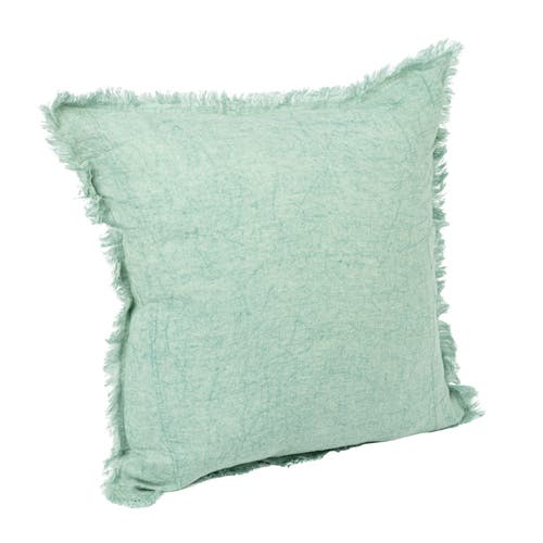 Storied Home Square Stonewashed Linen Pillow With Fringe, Mint In Blue
