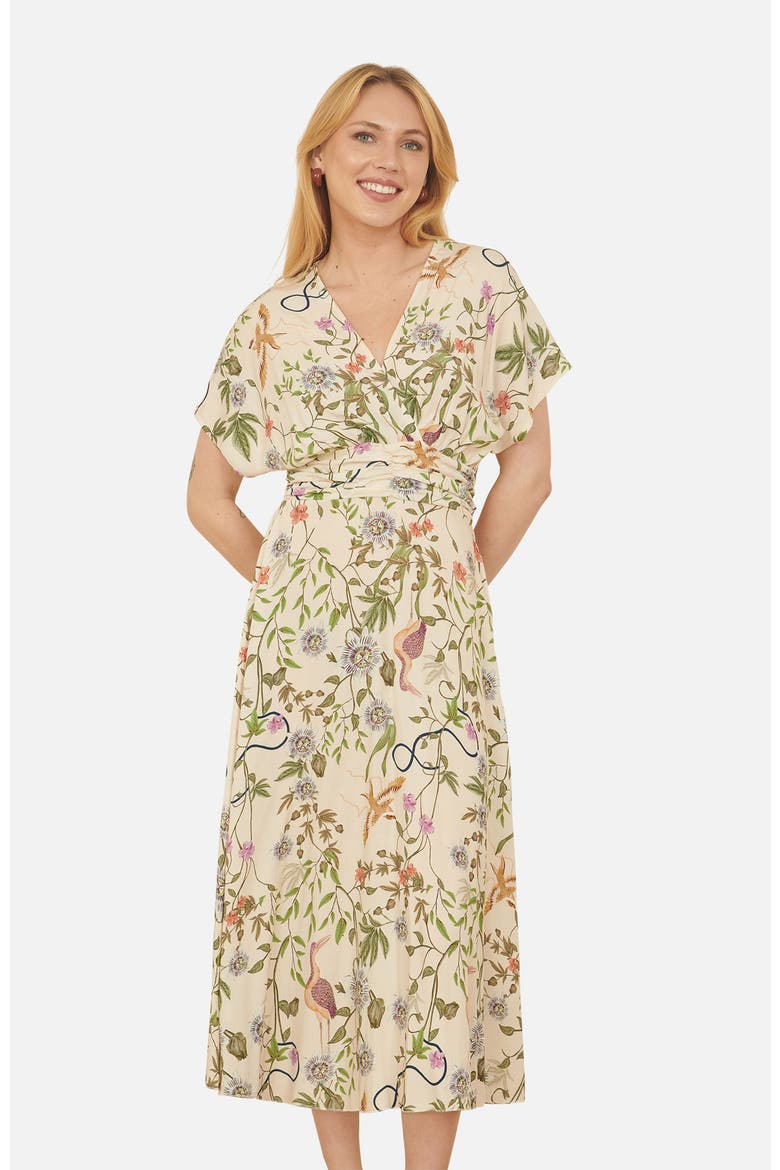 Short Sleeve V-Neck Ruched Midi Dress, Alternate, color, White