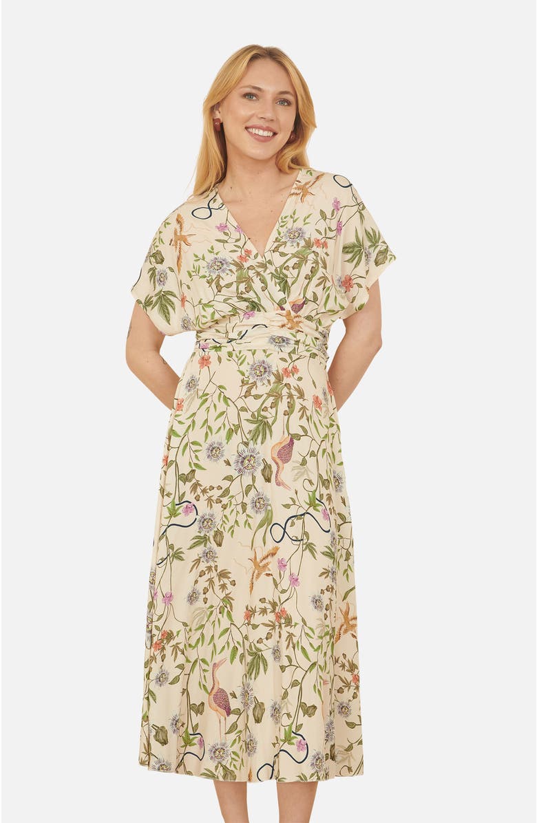 Yumi Short Sleeve V-Neck Ruched Midi Dress, Alternate, color, White