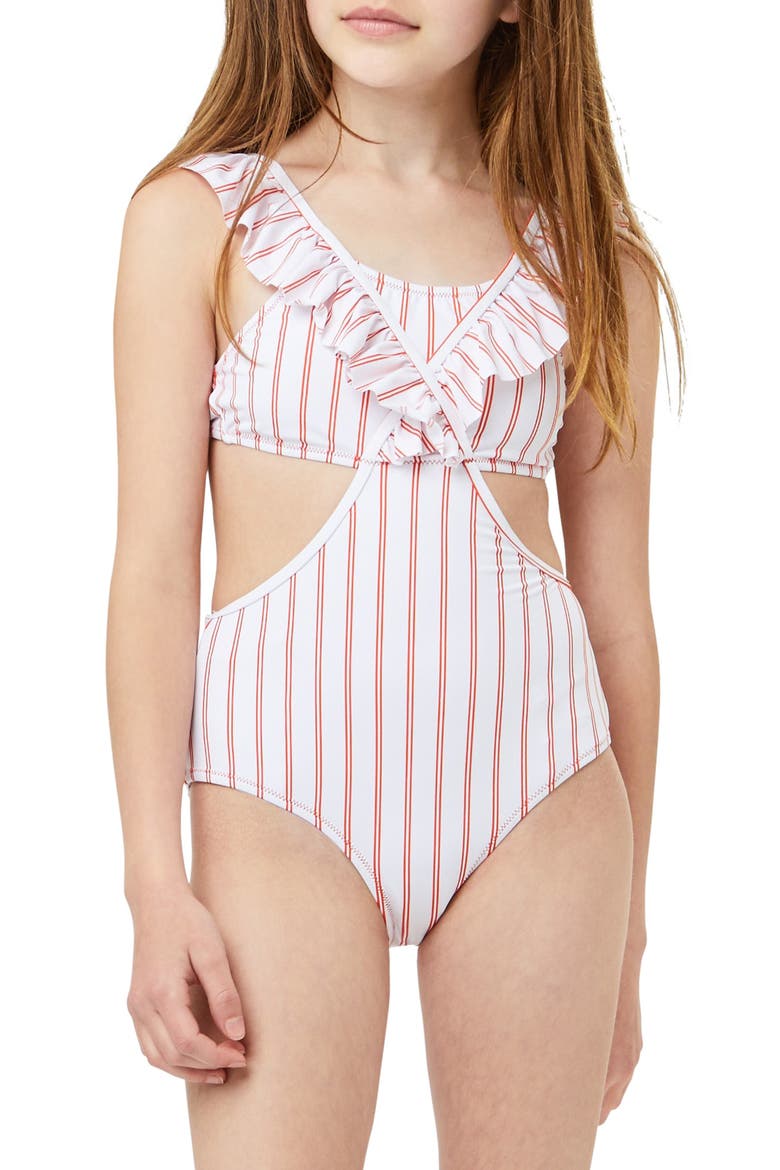 Habitual Ruffle Stripe One-Piece Swimsuit, Alternate, color, ORANGE