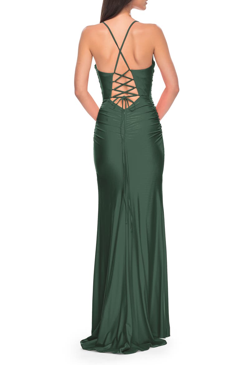 Ruched Jersey Prom Dress with Slit, Alternate, color, Emerald