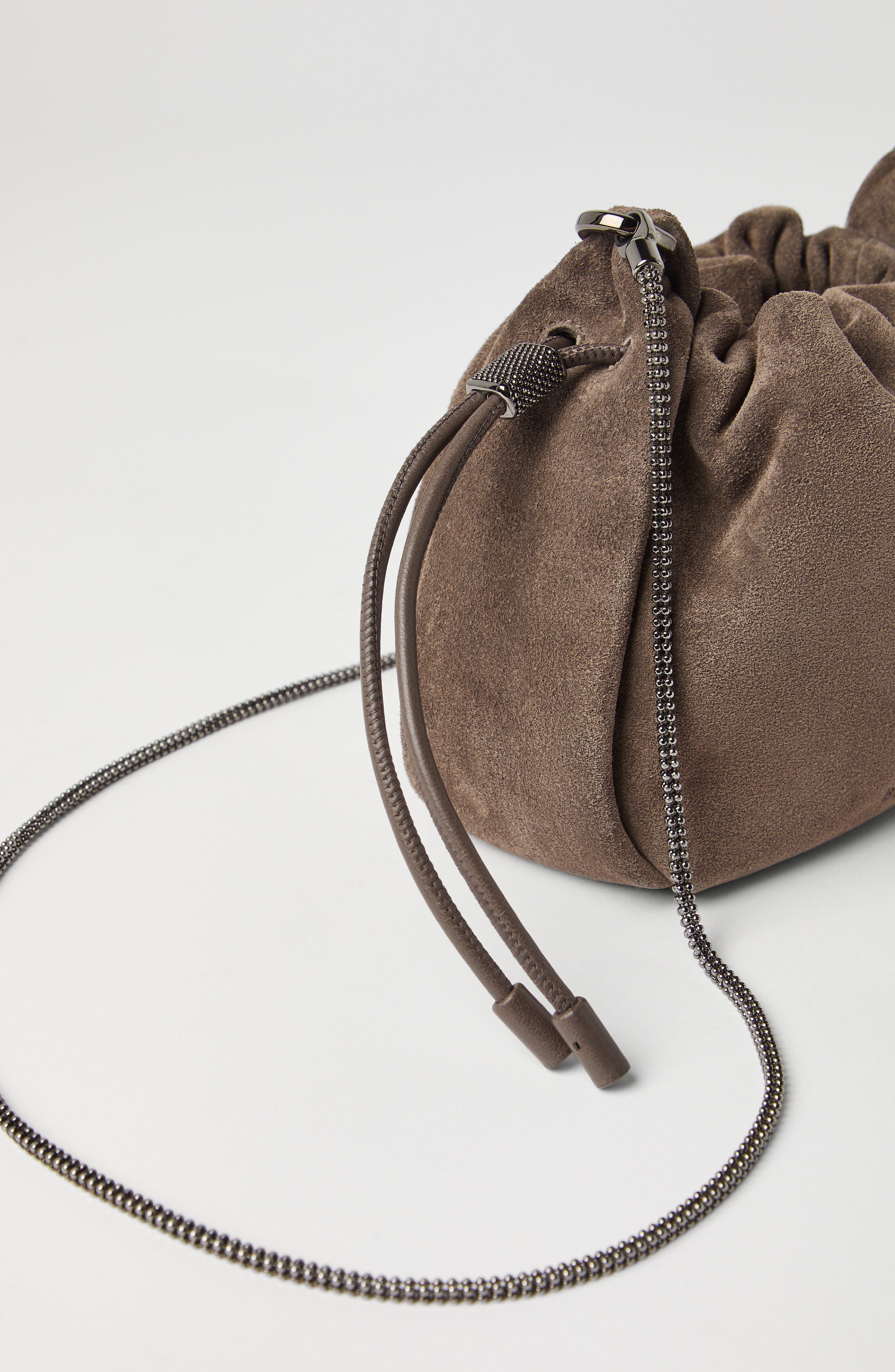 Brunello Cucinelli Suede mini Mellow Bucket bag, Alternate, color, Light Brown