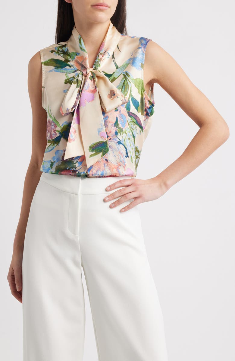 Tahari ASL Floral Bow Neck Sleeveless Charmeuse Top, Main, color, 