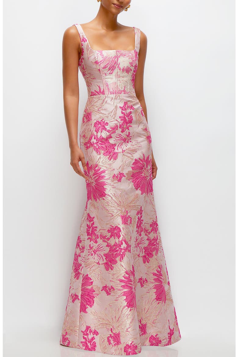 Hibiscus Square Neck Trumpet Gown, Main, color, PINK MULTI