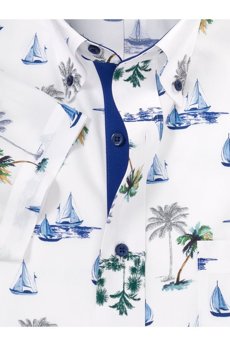 Cotton Buttondown Collar Poplin Tailored Contrast Trim Hemmed Sleeve Short Sleeve Shirt, Alternate, color, White Multi
