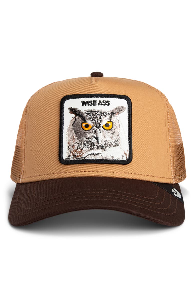 Goorin Bros. Wise Ass Owl Patch Snapback Trucker Hat, Alternate, color, Heat / Ground