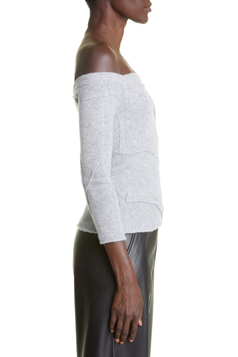 Patched Off the Shoulder Virgin Wool Sweater, Alternate, color, HEATHER GREY