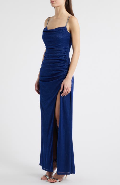 Shop Jump Apparel Metallic Rhinestone Strap Gown In Navy
