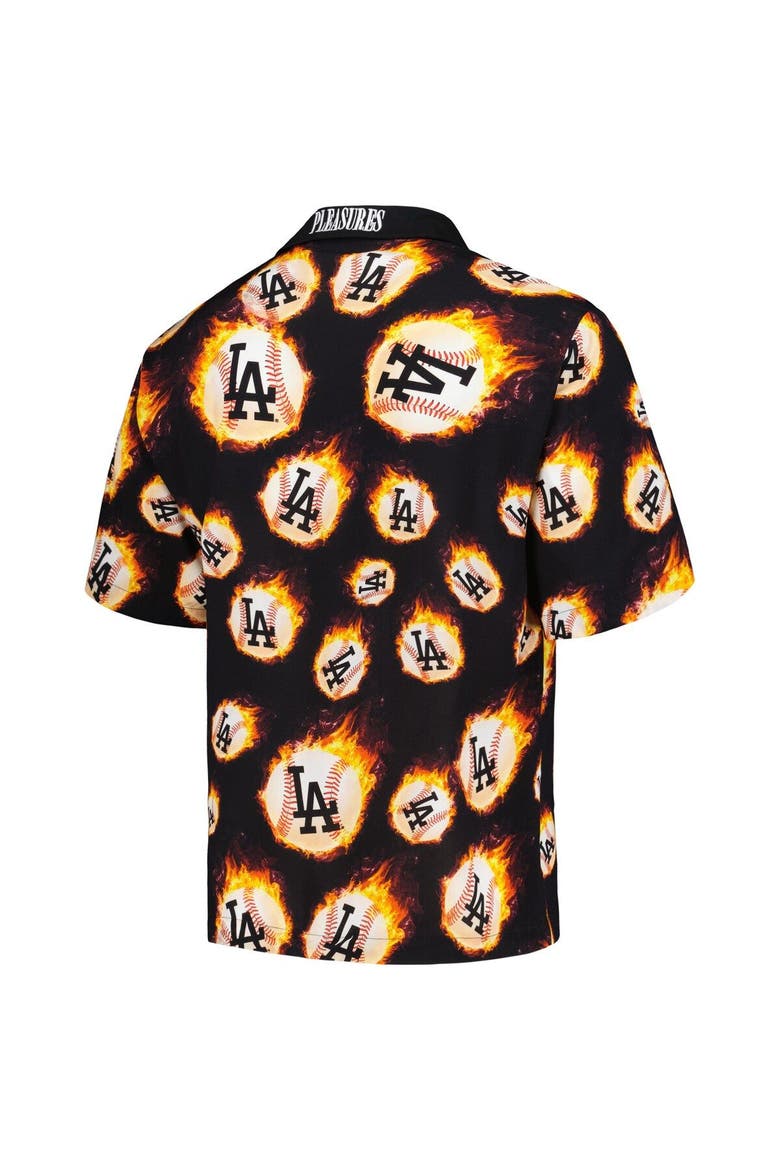 Men's PLEASURES  Black Los Angeles Dodgers Flame Fireball Button-Up Shirt, Alternate, color, Black