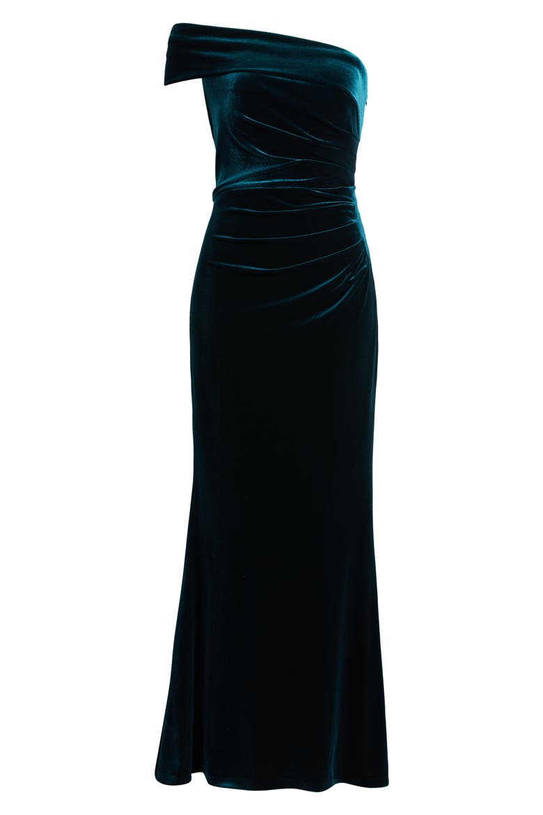 Ruched One-Shoulder Velvet Gown, Alternate, color, HUNTER