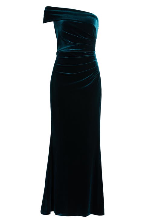 Ruched One-Shoulder Velvet Gown