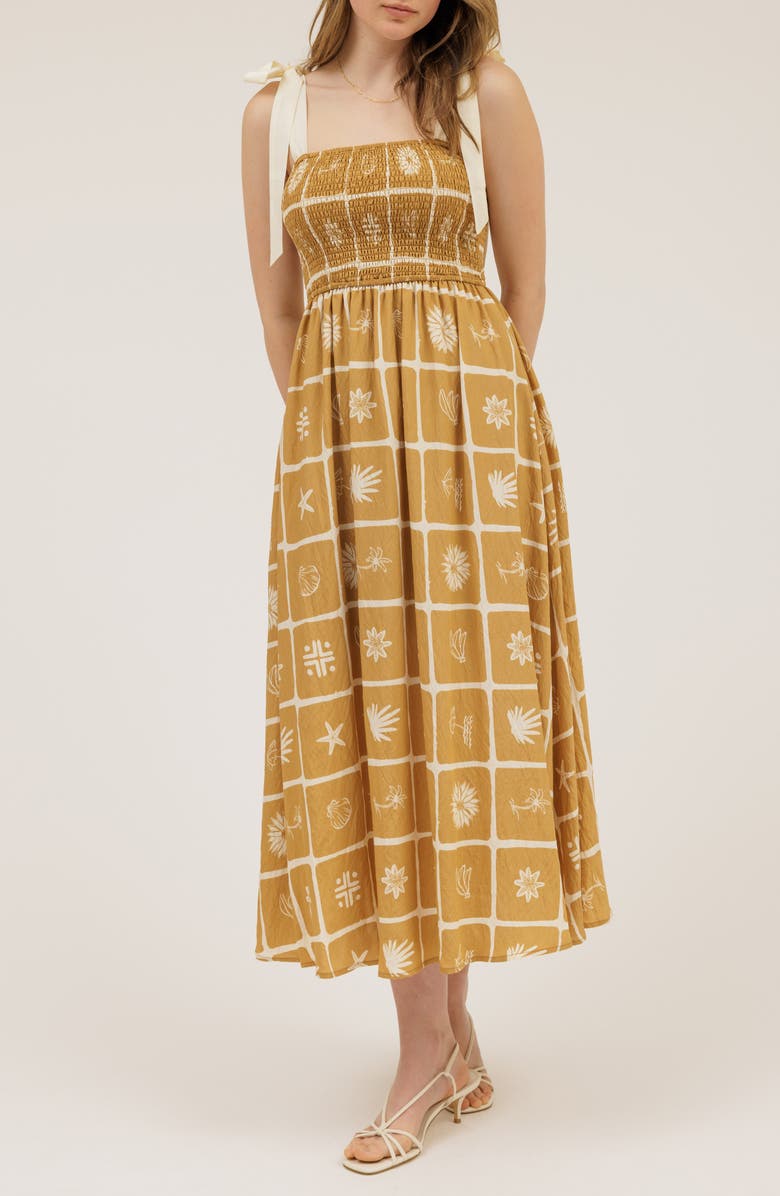 AUGUST SKY Shoulder Tie Midi Dress, Main, color, Khaki