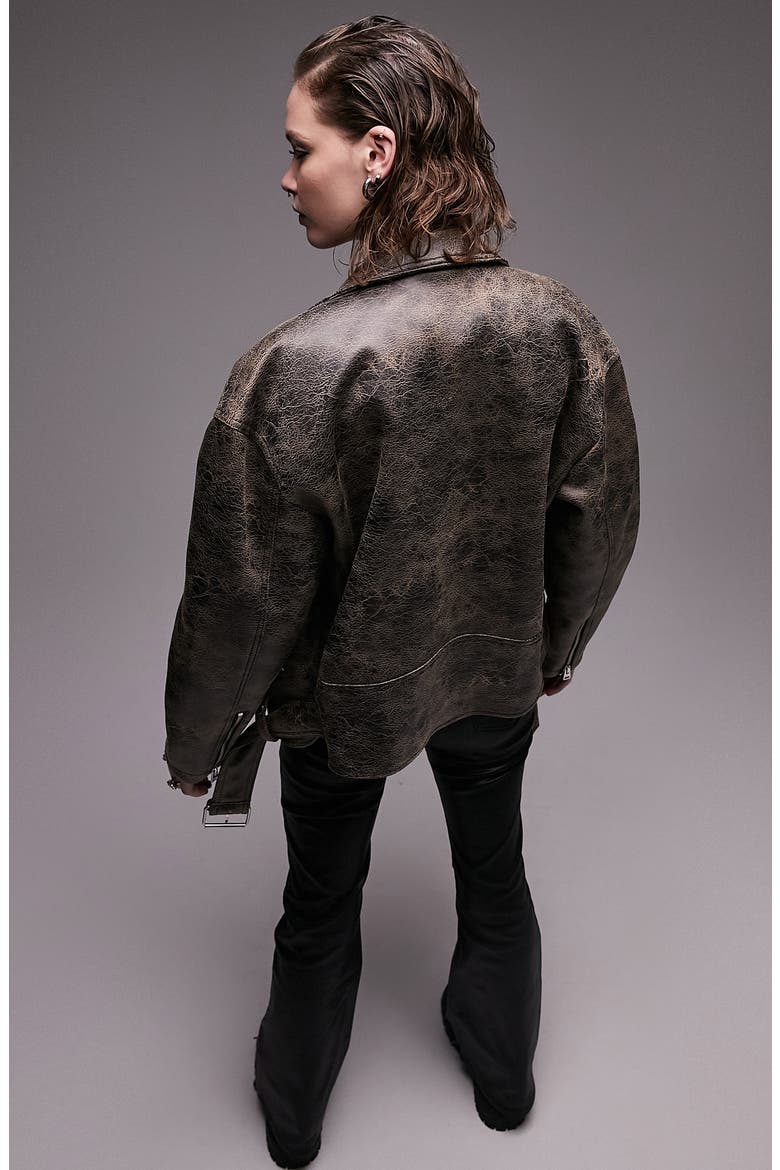 Oversize Faux Leather Biker Jacket, Alternate, color, BROWN