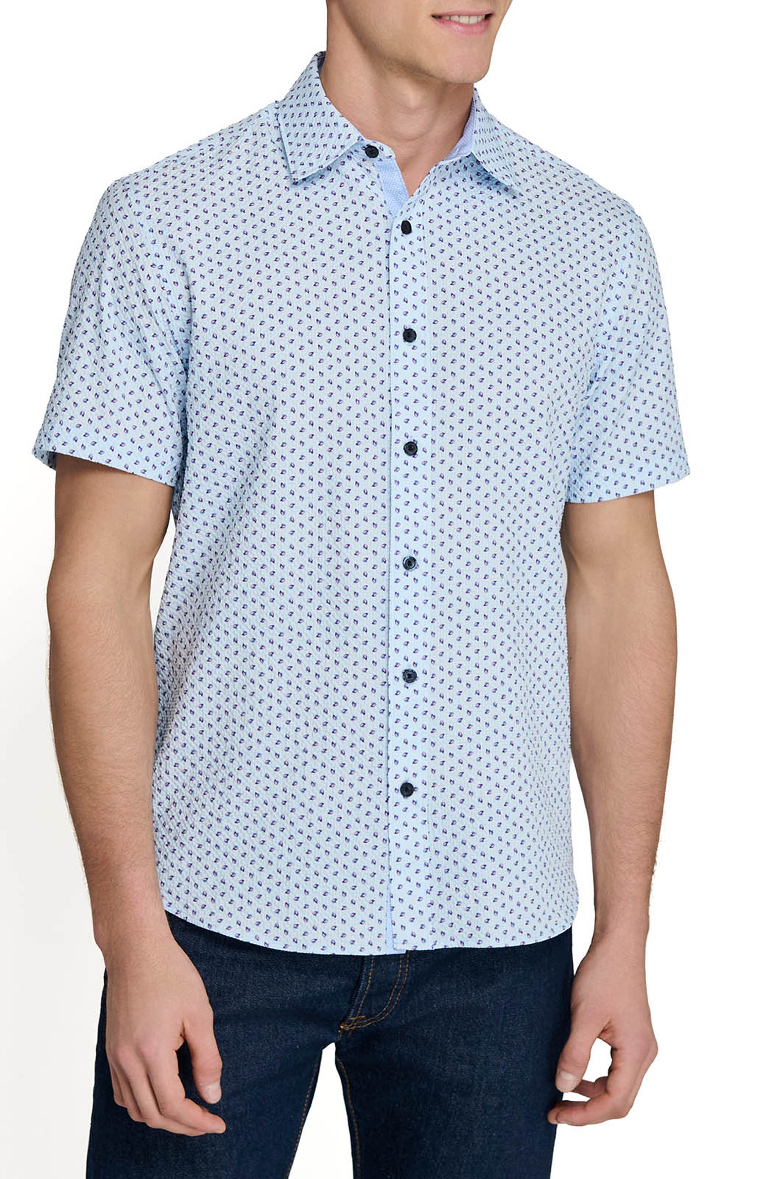 Construct Slim Fit Falling Feathers Seersucker Short Sleeve Shirt In Blue