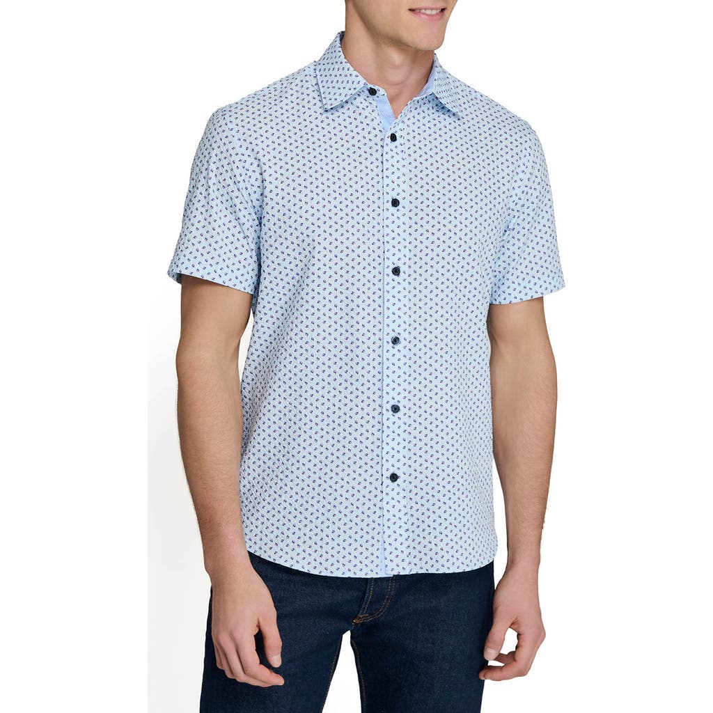 Construct Slim Fit Falling Feathers Seersucker Short Sleeve Shirt In Blue