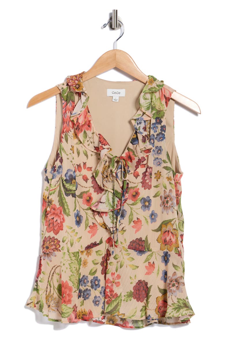 Ruffle Sleeveless Top, Alternate, color, TAN MULTI