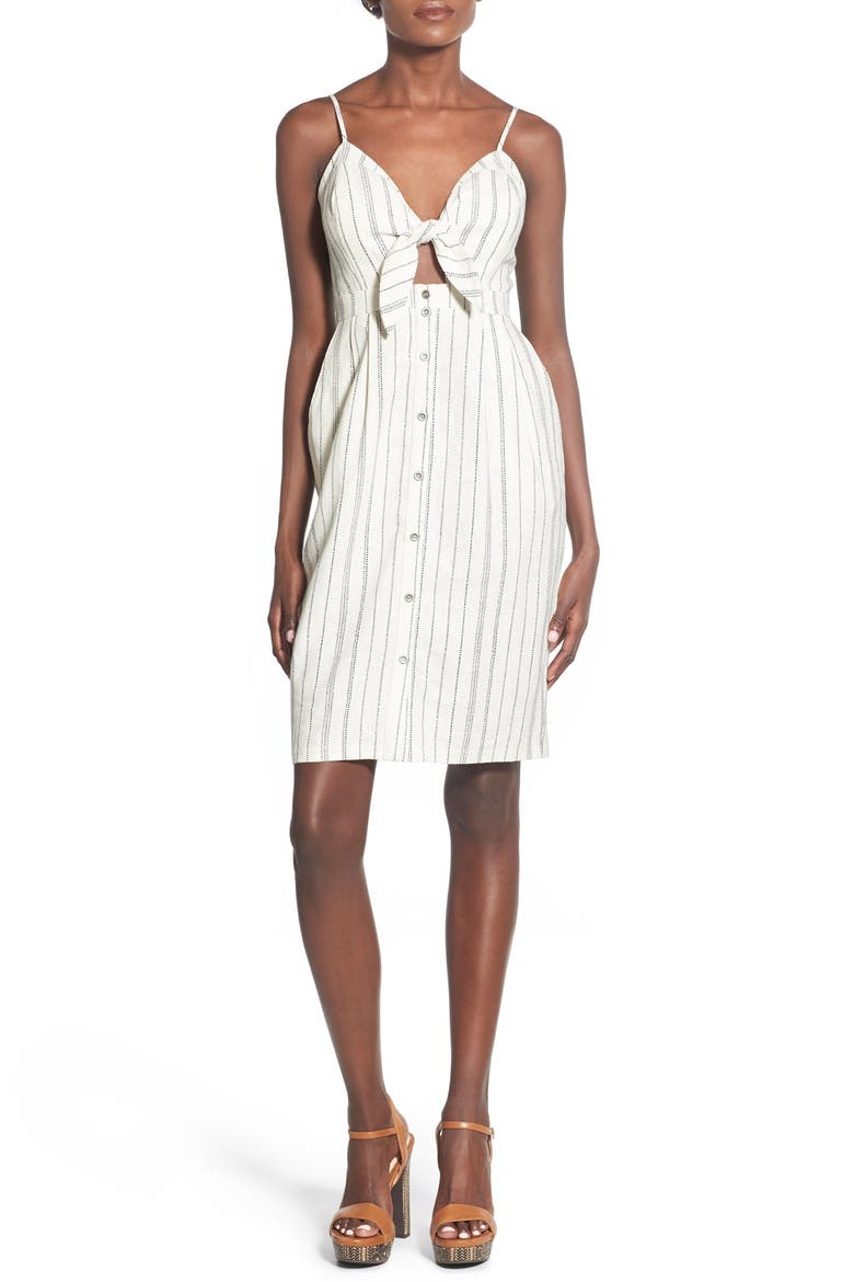ASTR Tie Front Button Down Midi Dress, Main, color, WHITE-BLK
