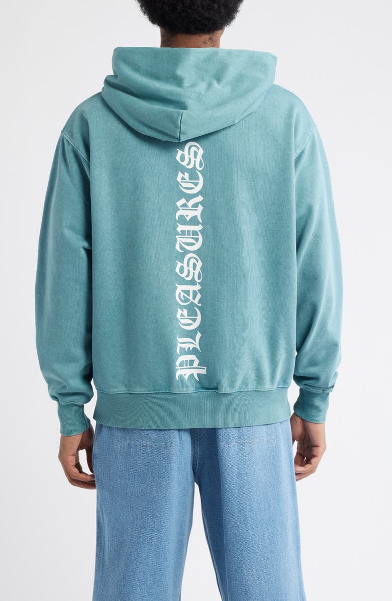 PLEASURES Knight Overdye Logo Graphic Hoodie, Alternate, color, Teal