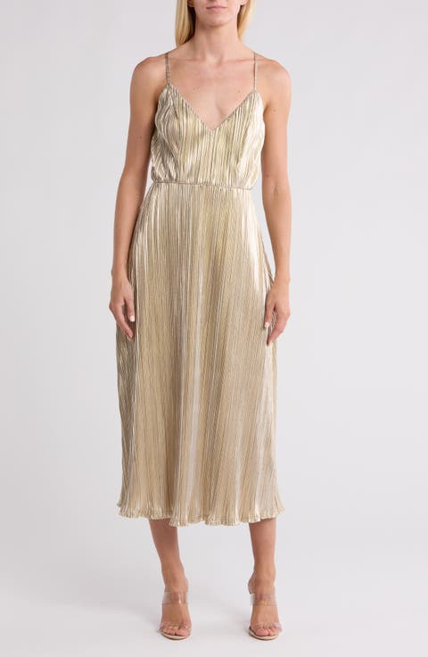 Metallic Plissé Midi Dress