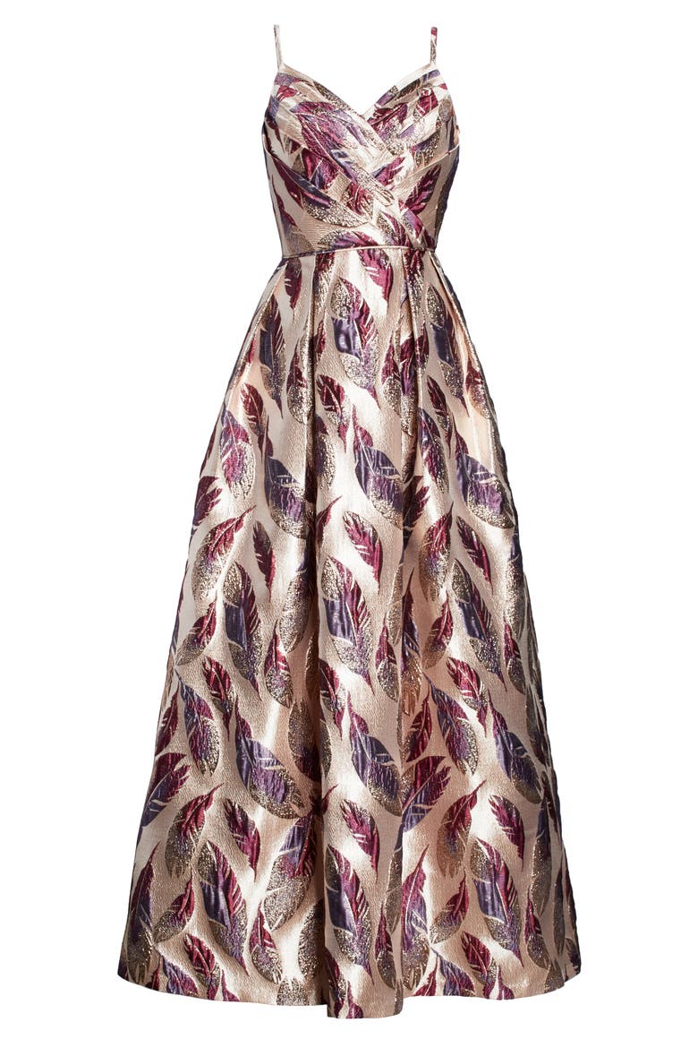 Feather Brocade A-Line Gown, Alternate, color, MERLOT/ ROSE