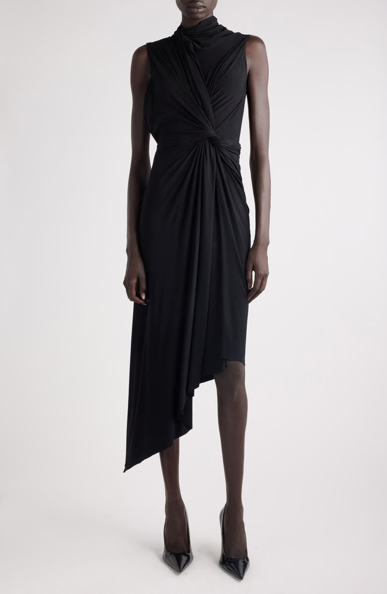 Balenciaga Draped Asymmetric Jersey Midi Dress, Main, color, 1000 Black