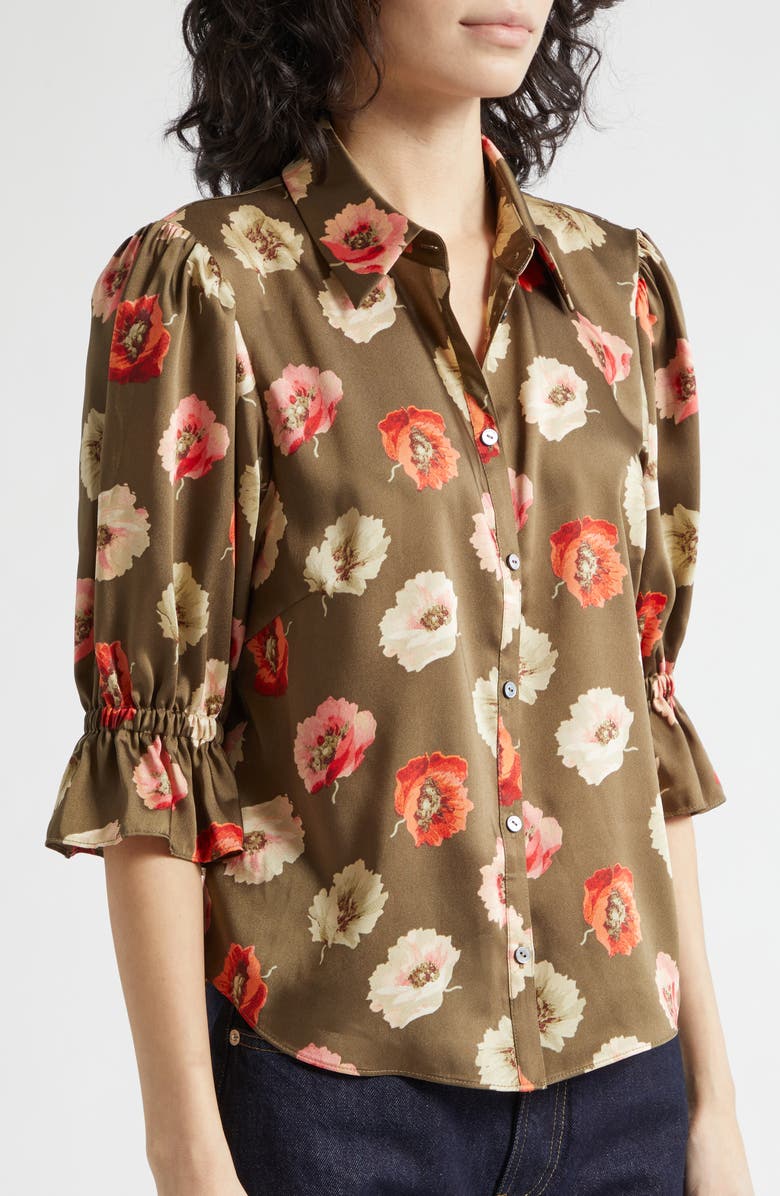 Cinq à Sept Fiona Floating Poppies Button-Up Top, Alternate, color, Dark Olive Multi