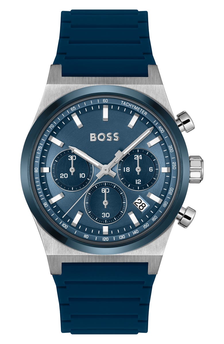 BOSS Candor Chronograph Silicone Strap Watch, 41mm, Main, color, Blue