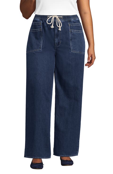 Lightweight Denim High Rise Relaxed Straight Pull On Pocket Jeans