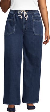Lands' End Lightweight Denim High Rise Relaxed Straight Pull On Pocket Jeans