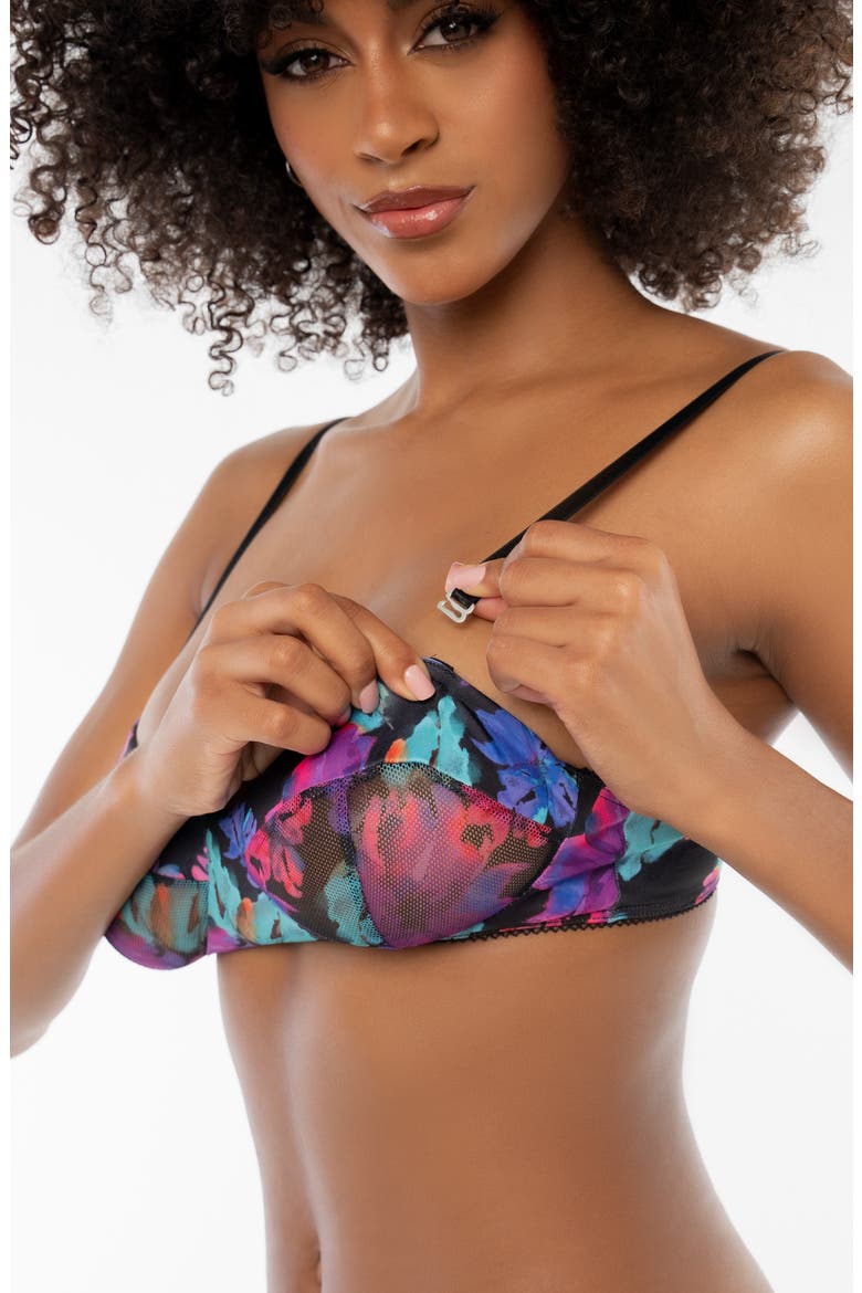 Floral Mesh Underwire Bra, Thong & Garter Belt, Alternate, color, BLACK DREAM FLOWER PRINT