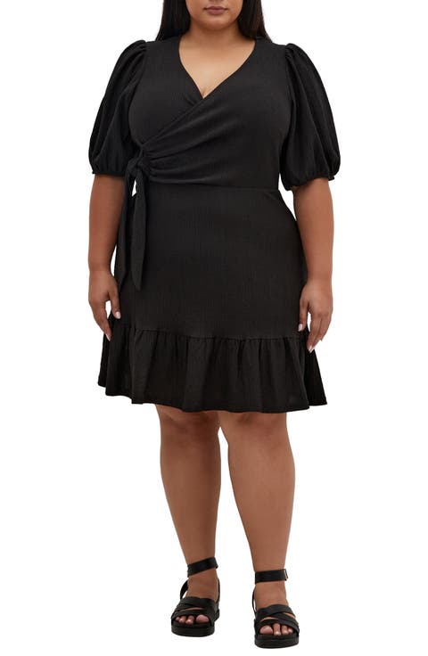 Katelyn Puff Sleeve Faux Wrap Dress (Plus)