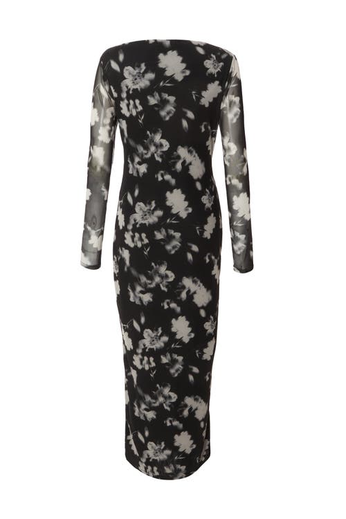 Quiz Mesh Floral Long Sleeve Maxi Dress In Black