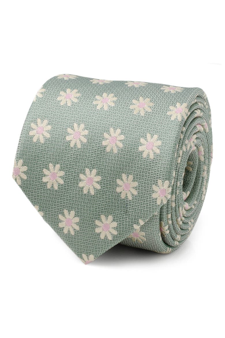Daisy Floral Silk Tie, Alternate, color, GREEN