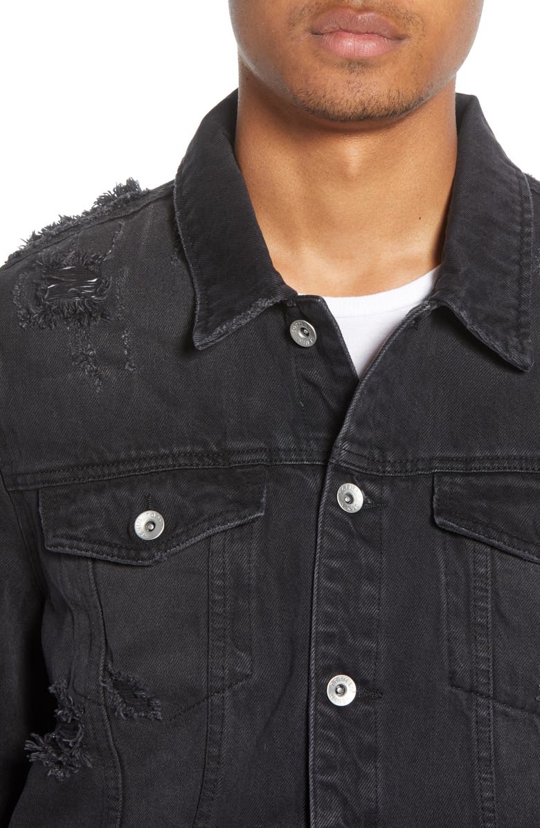 Topman Ripped Western Denim Jacket, Alternate, color, 