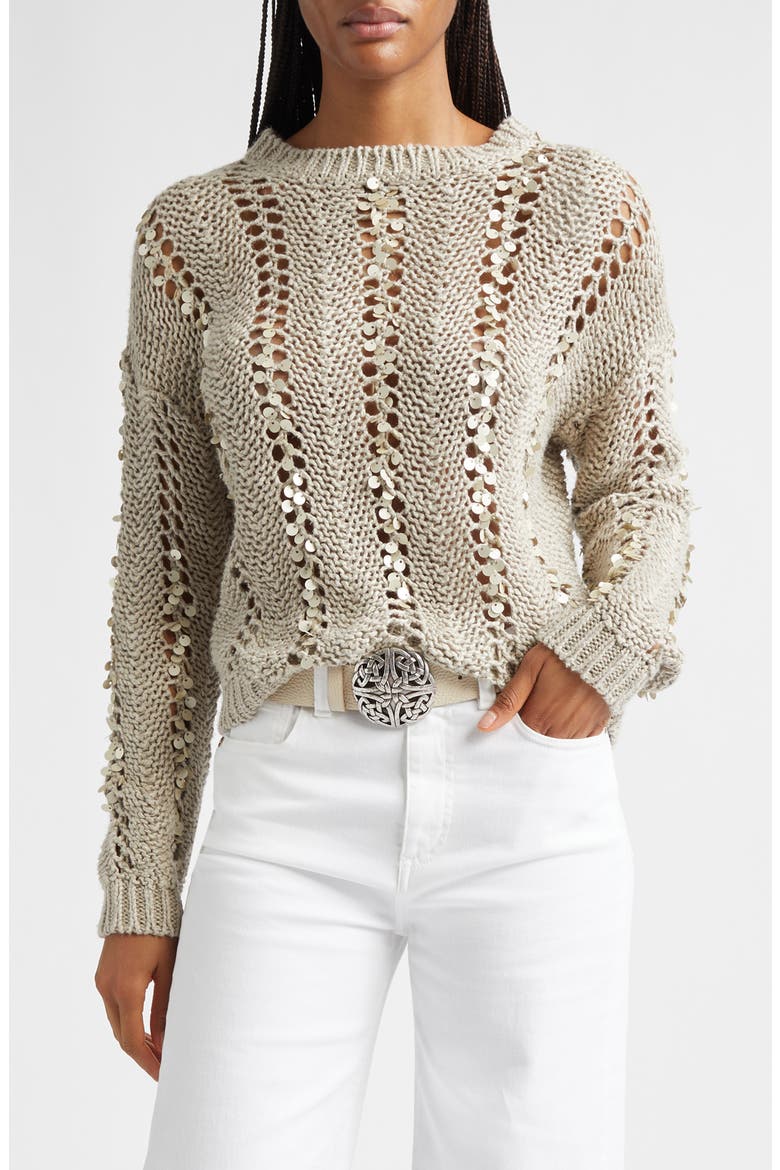 Paillette Hand Knit Cotton & Linen Blend Pointelle Sweater, Main, color, 02 SAND
