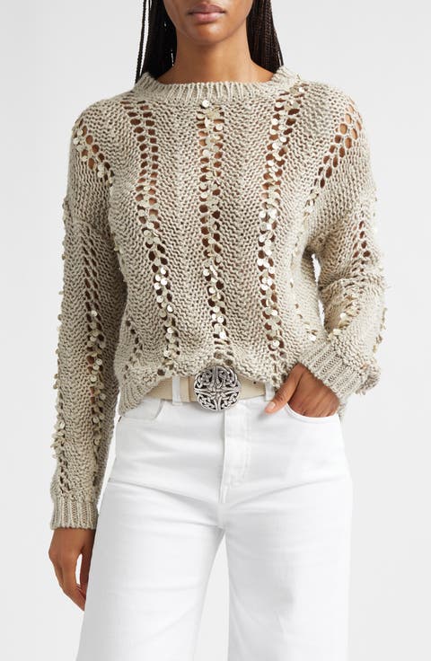 Paillette Hand Knit Cotton & Linen Blend Pointelle Sweater