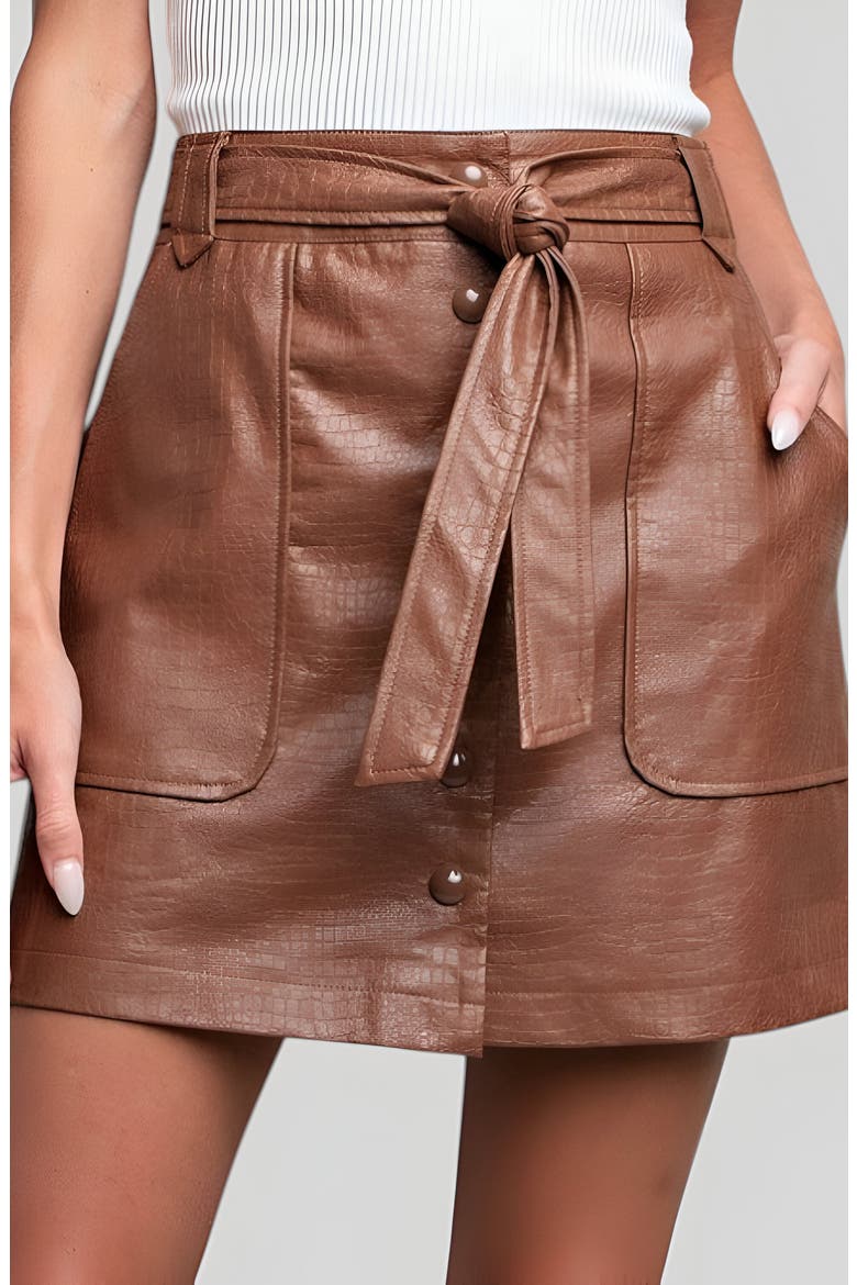 Faux Leather Button-Front Mini Skirt with Belt, Alternate, color, Brown