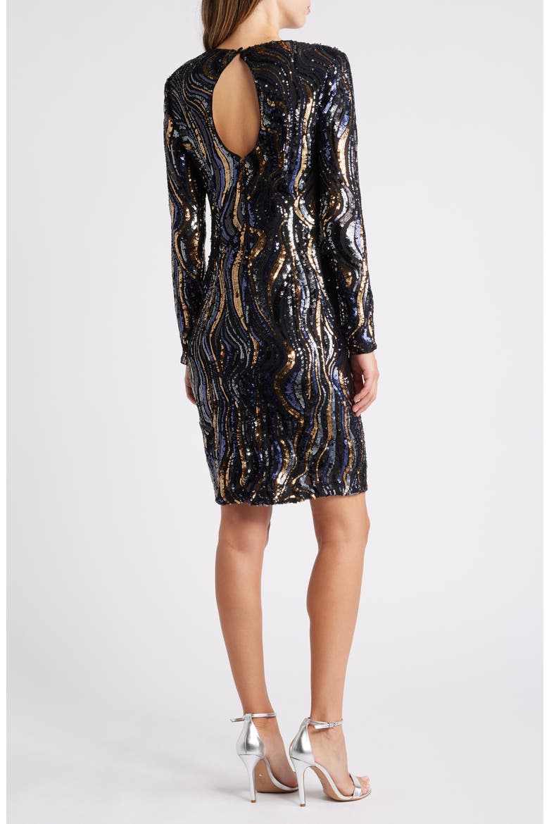 Sequin Swirl Long Sleeve Cocktail Dress, Alternate, color, NAVY GOLD