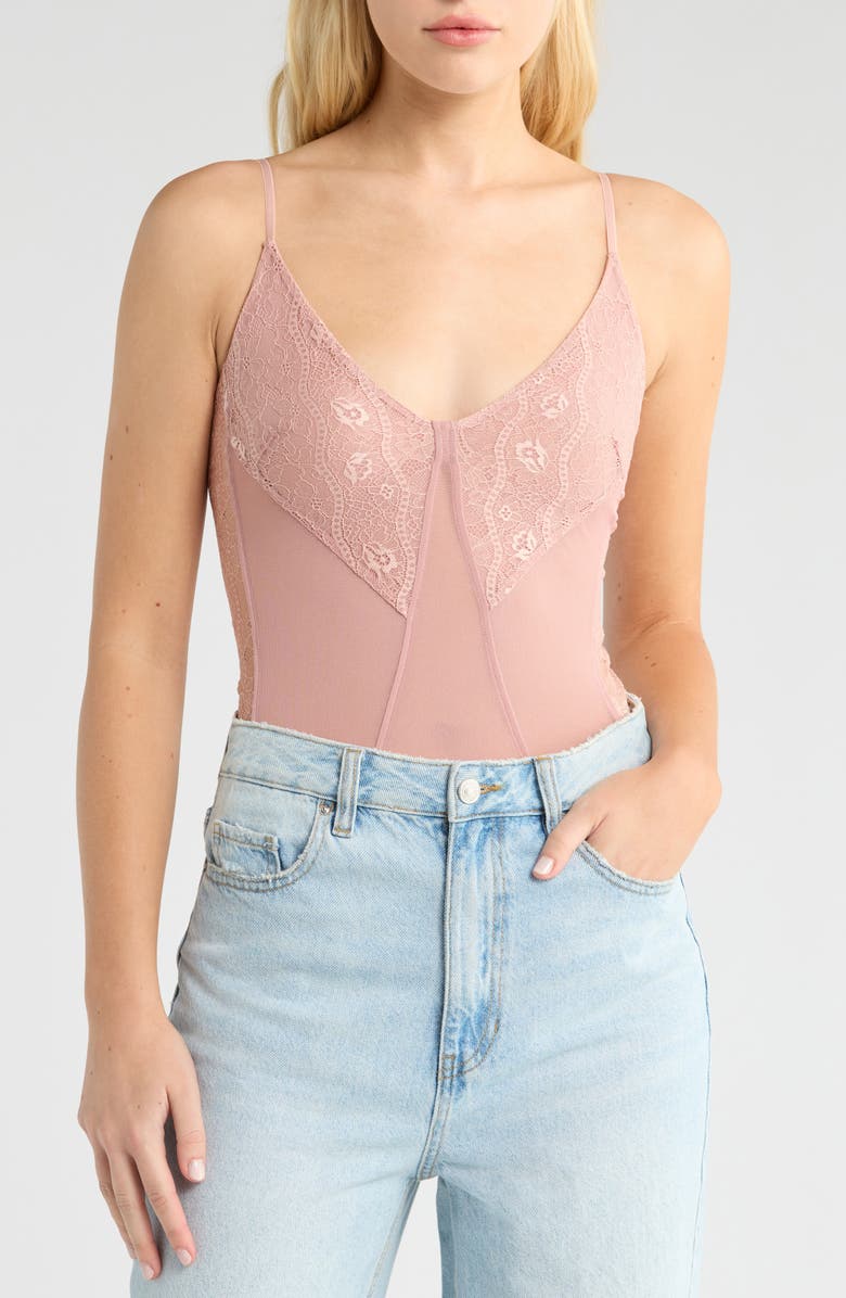 Free People Take My Number Lace & Mesh Bodysuit, Alternate, color, Dusty Himalayan